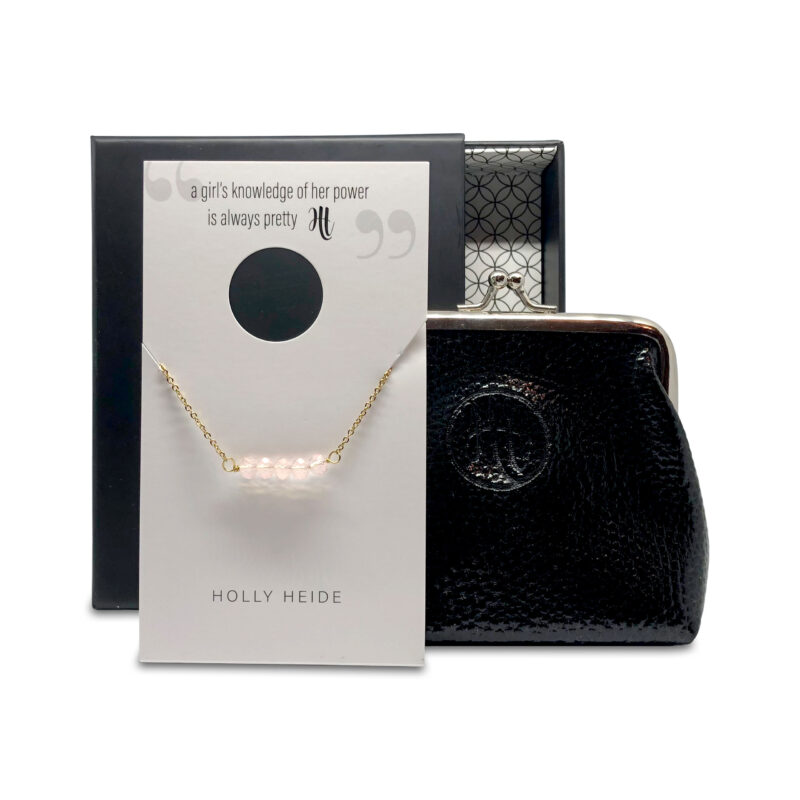 Clear pink bead, gold necklace, black purse gift box