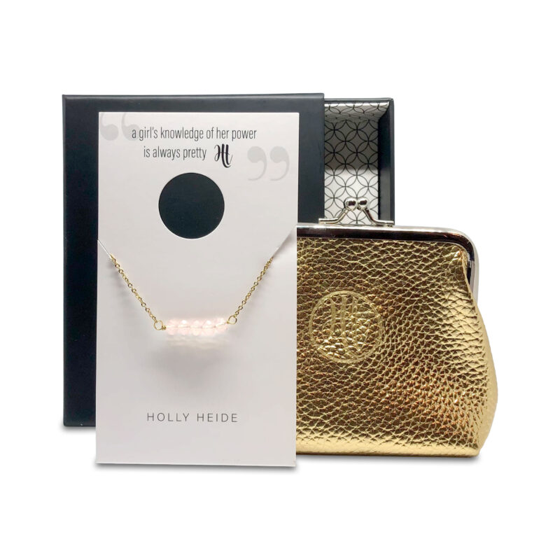 Clear pink bead, gold necklace, gold purse gift box