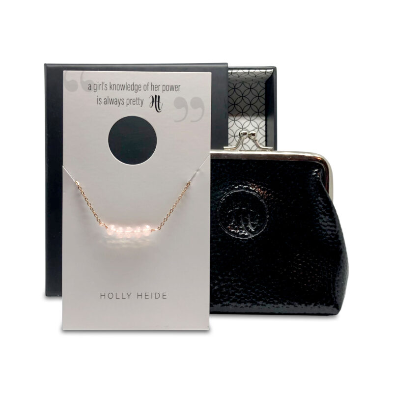 Clear pink bead, rose gold necklace, black purse gift box