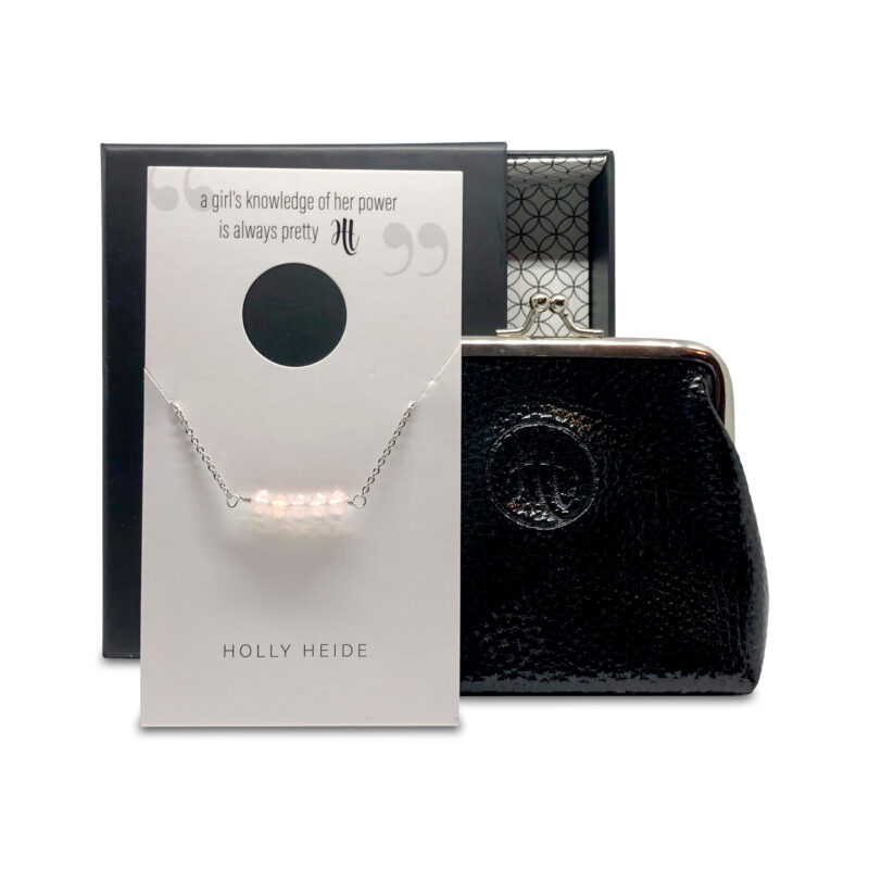 Clear pink bead, silver necklace, black purse gift box