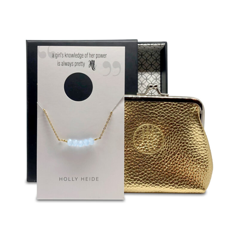 Crystal blue bead, gold necklace, gold purse gift box
