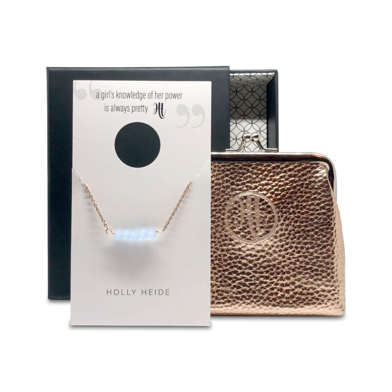 Crystal blue bead, rose gold necklace, rose gold purse gift box