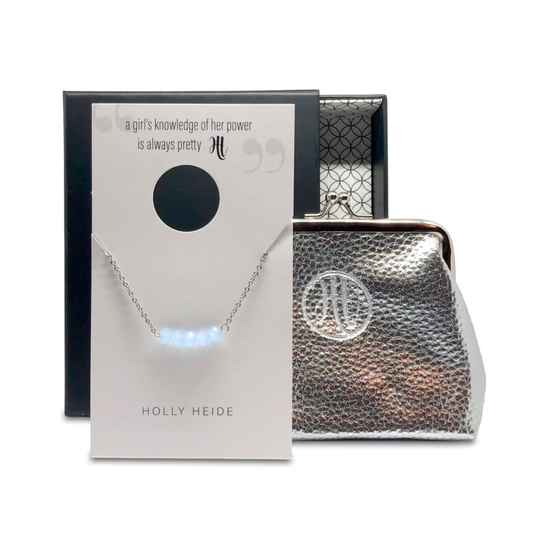 Crystal blue bead, silver necklace, silver purse gift box