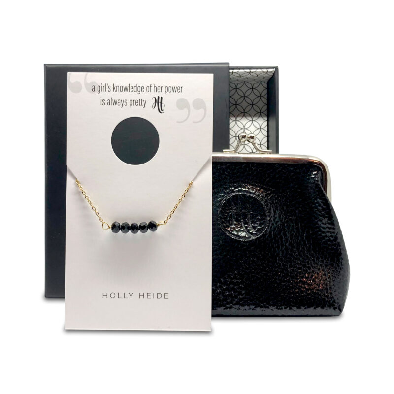 Onyx black bead, gold necklace, black purse gift box