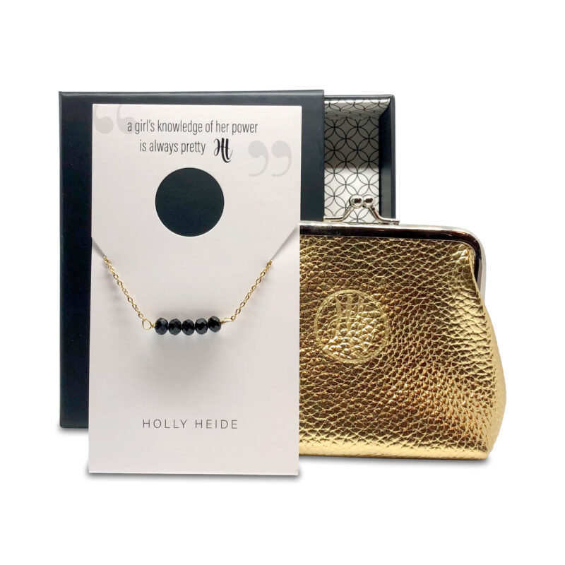 Onyx black bead, gold necklace, gold purse gift box