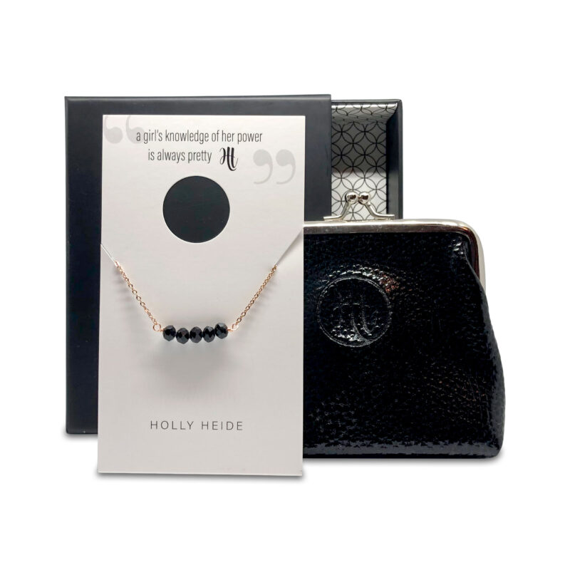 Onyx black bead, rose gold necklace, black purse gift box