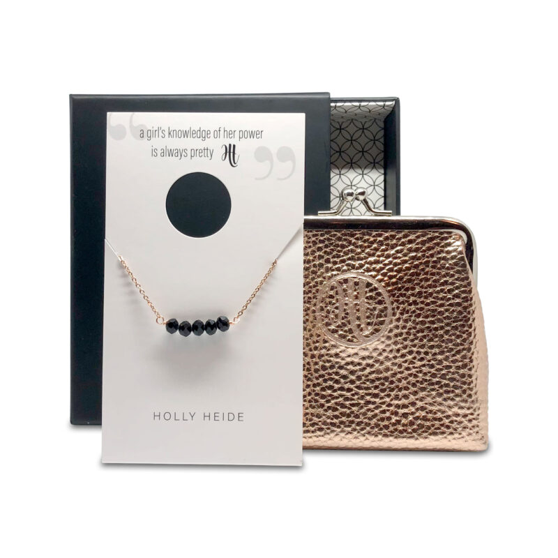Onyx black bead, rose gold necklace, rose gold purse gift box