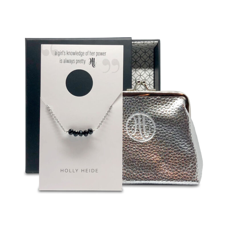 Onyx black bead, silver necklace, silver purse gift box