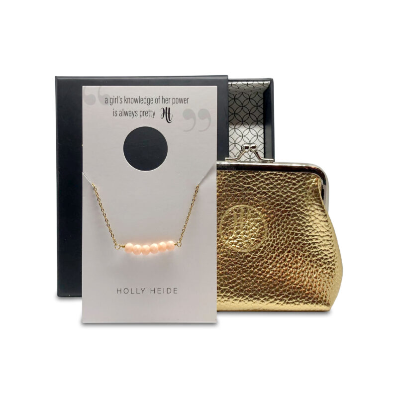 Peach cream bead, gold necklace, gold purse gift box