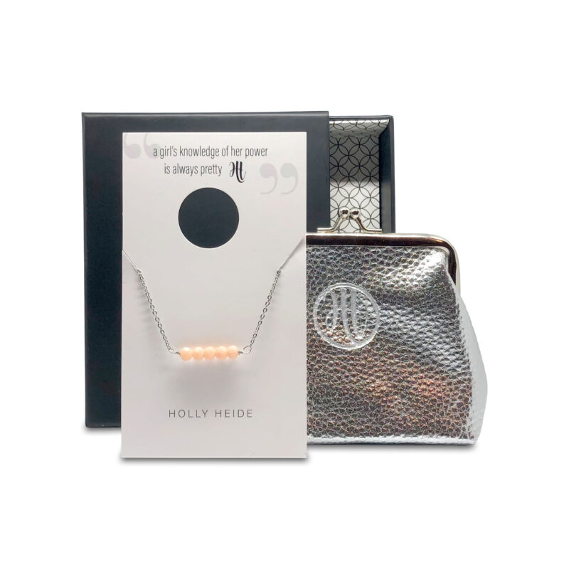 Peach cream bead, silver necklace, silver purse gift box