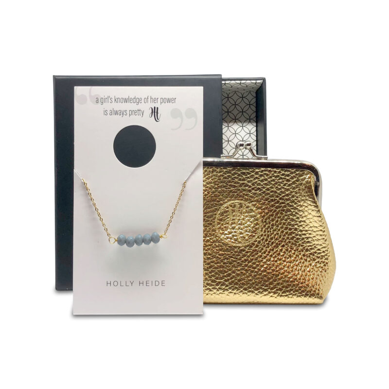 Pearly gray bead, gold necklace, gold purse gift box