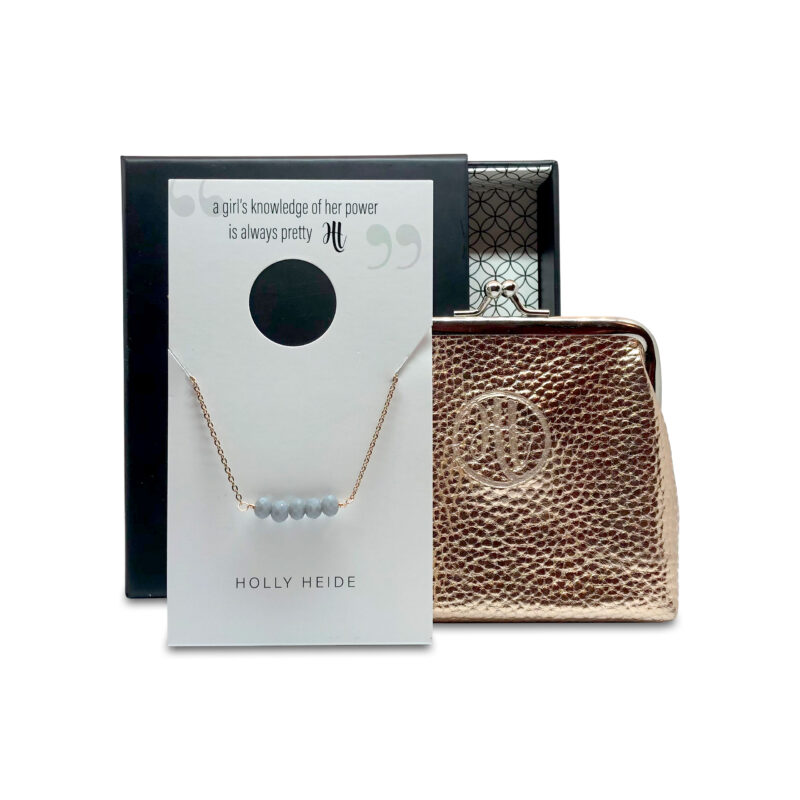 Pearly gray bead, rose gold necklace, rose gold purse gift box