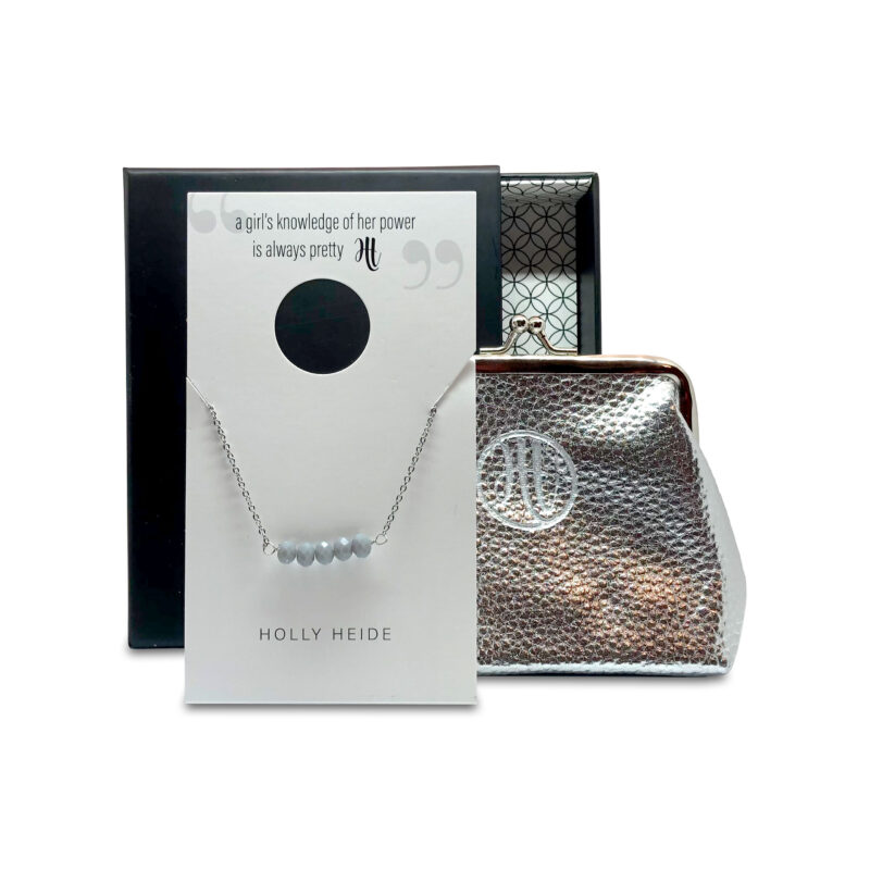 Pearly gray bead, silver necklace, silver purse gift box