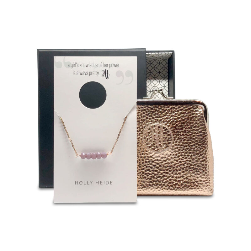Purple smoke bead, rose gold necklace, rose gold purse gift box