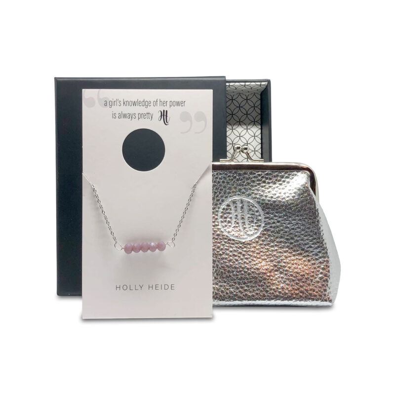 Purple smoke bead, silver necklace, silver purse gift box