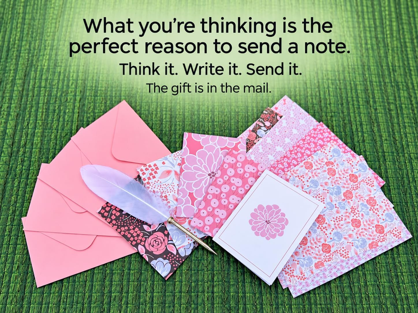 Flower Toss stationery set with floral writing paper, note cards, envelopes and feather pen