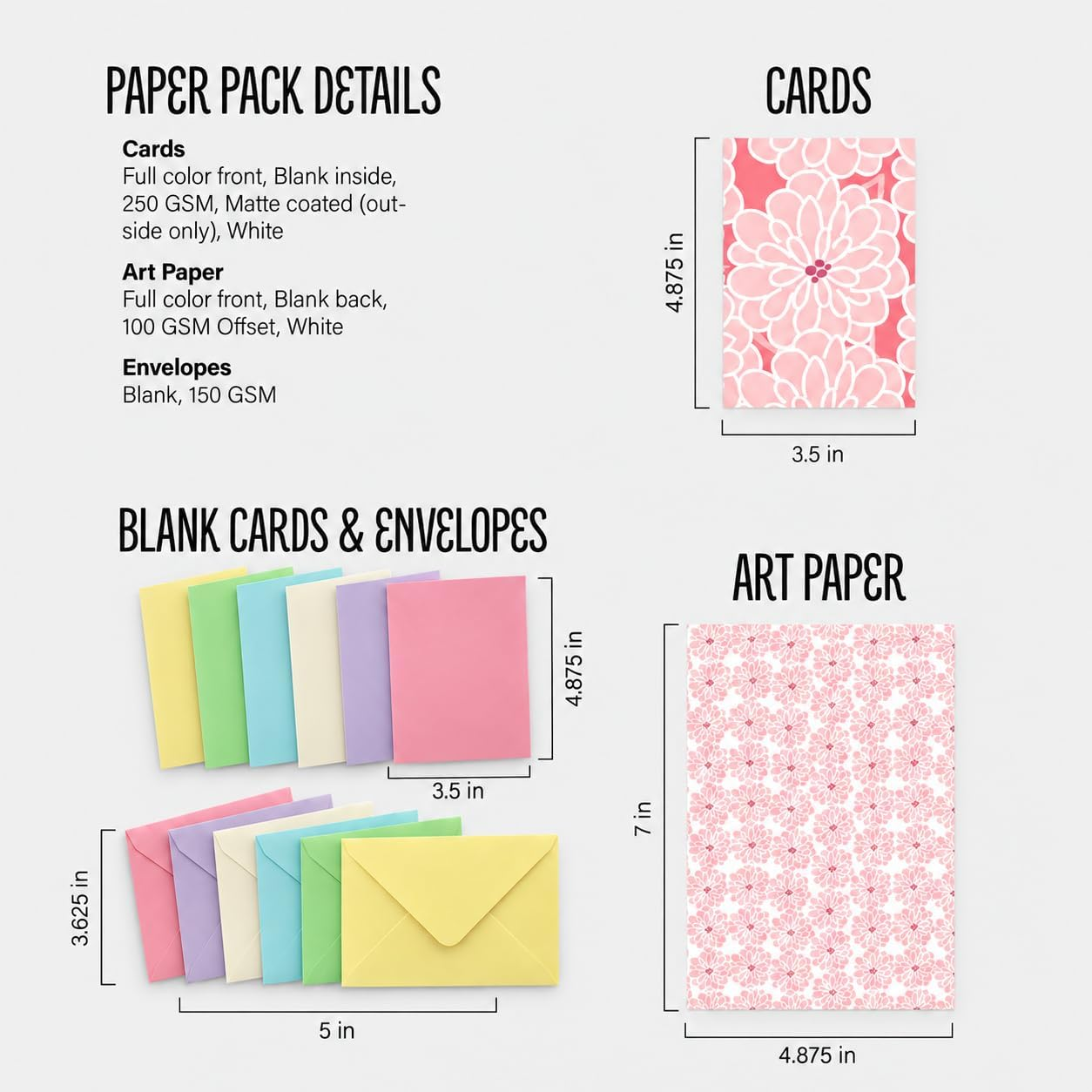 Flower Toss Paper Pack stationery details showing card, writing paper and envelope sizes