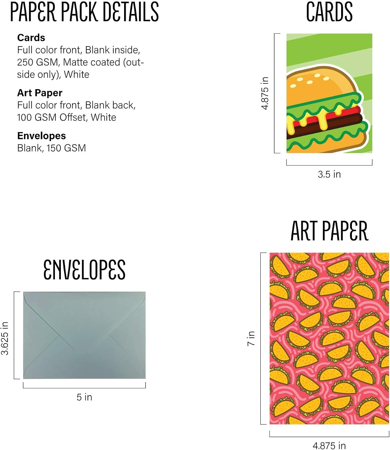 Food Festivities Paper Pack stationery details showing card, writing paper and envelope sizes