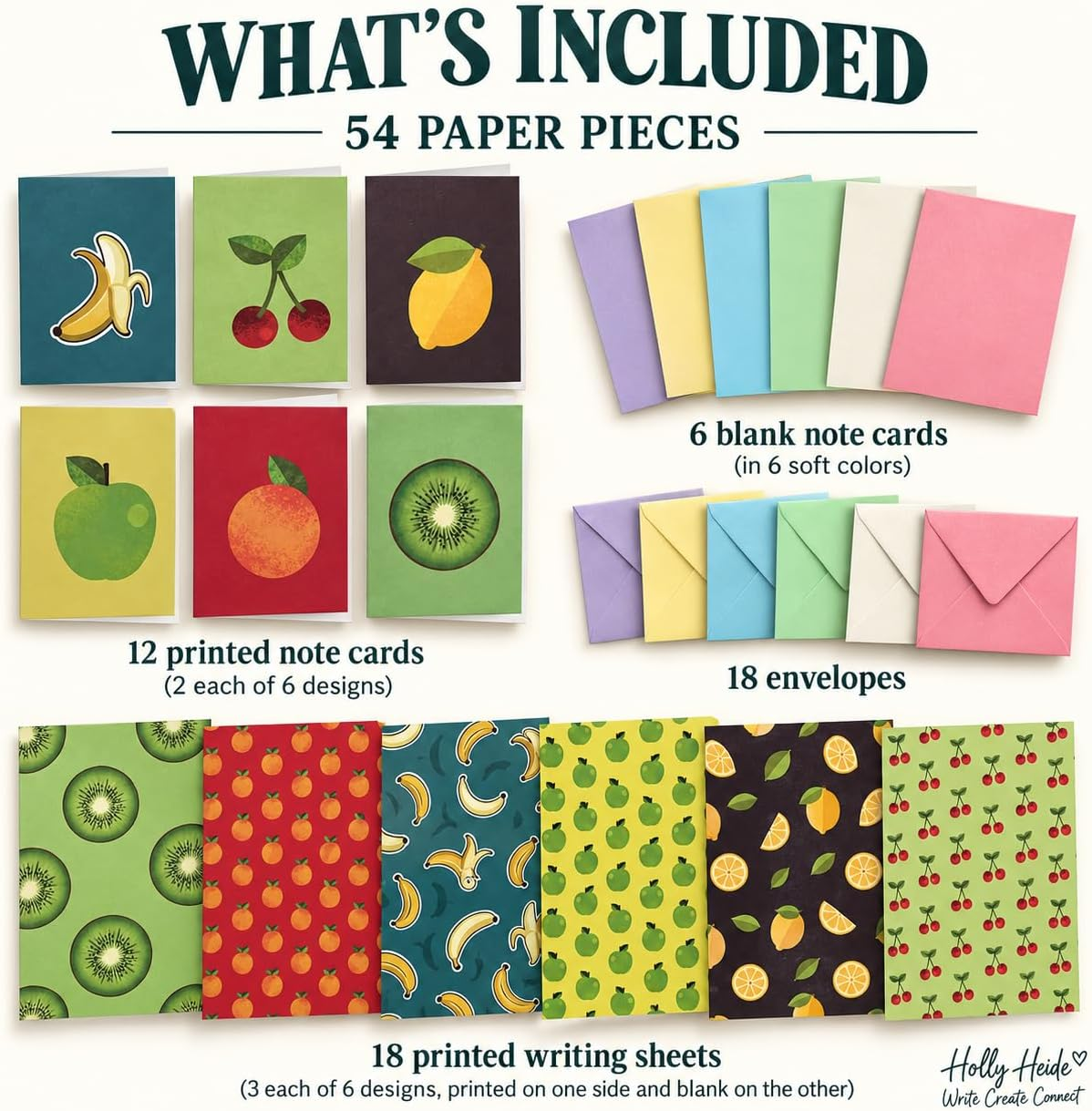 Fruit Bowl Paper Pack 54-piece stationery set with 18 writing sheets, 12 printed cards, 6 blank cards and 18 envelopes