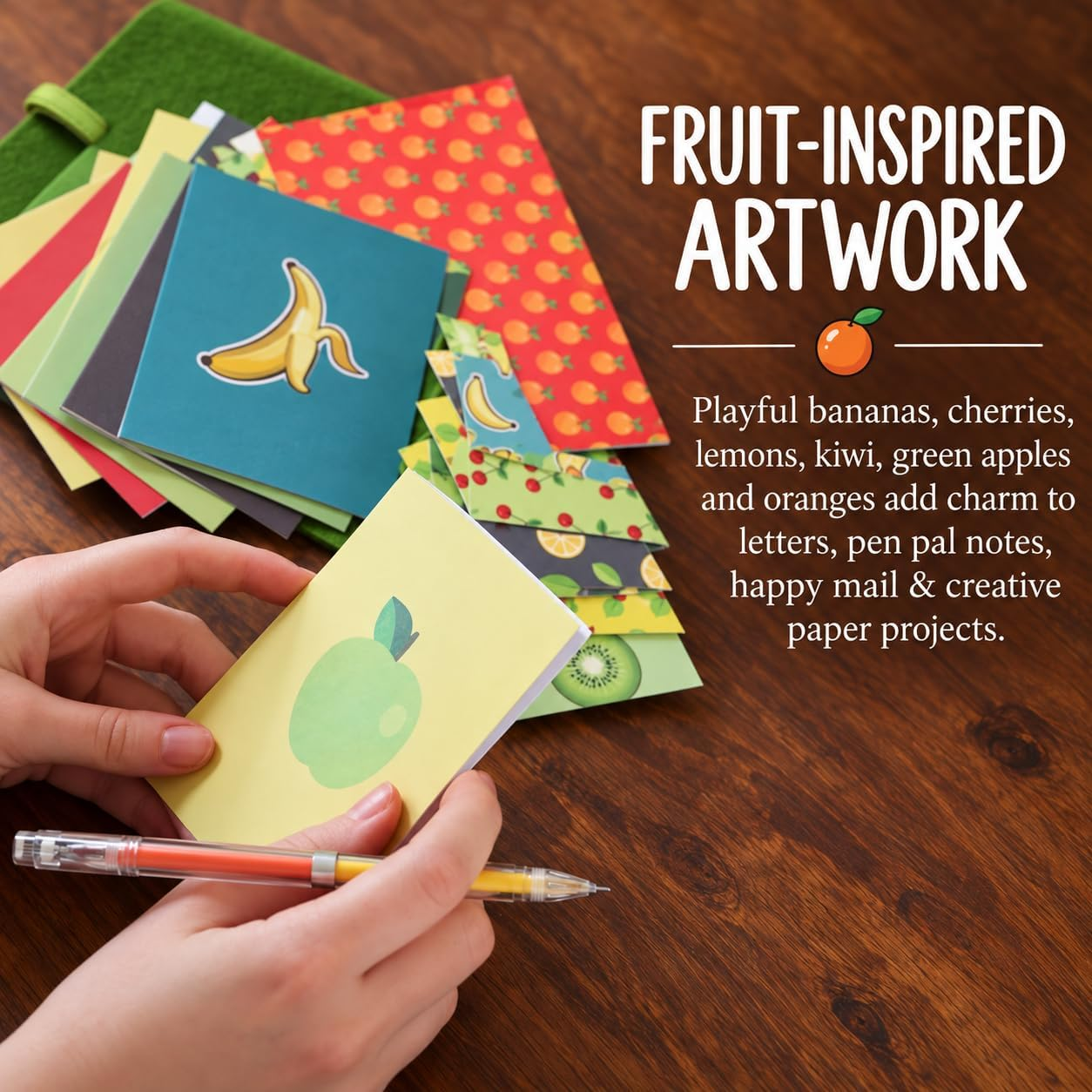 Fruit Bowl Paper Pack with banana, cherry, lemon, kiwi, apple and orange stationery designs