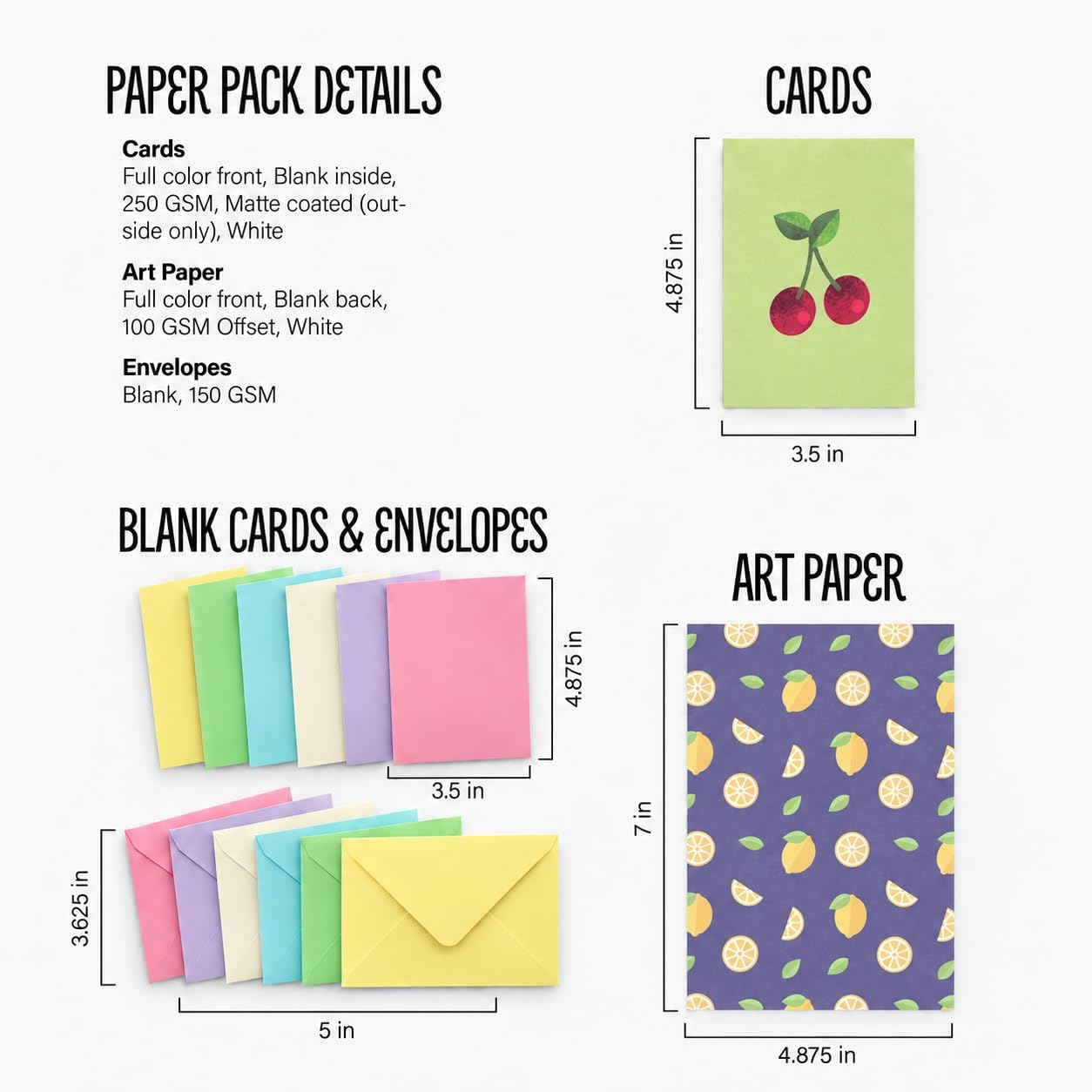 Fruit Bowl Paper Pack stationery details showing card, writing paper and envelope sizes