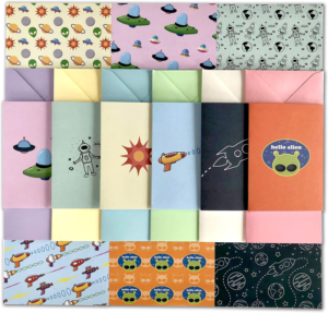 Hello Alien Paper Pack collection with space-themed writing paper, note cards and coordinating envelopes