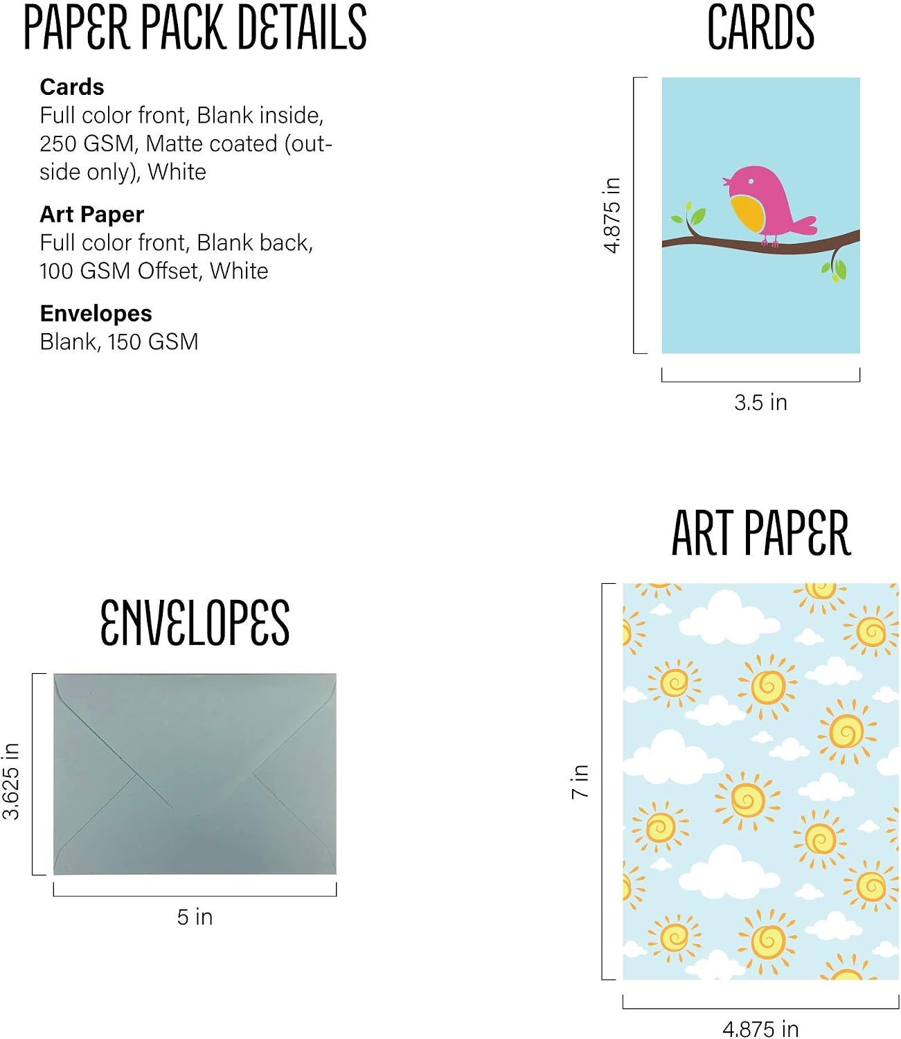 Lovely Day Paper Pack stationery details showing card, writing paper and envelope sizes