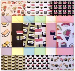 Sushi Paper Pack collection with patterned writing paper, note cards and coordinating envelopes