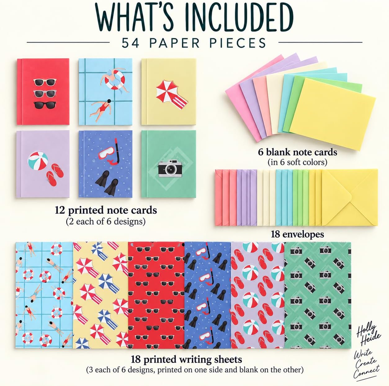Vacation Paper Pack 54-piece stationery set with 18 writing sheets, 12 printed cards, 6 blank cards and 18 envelopes