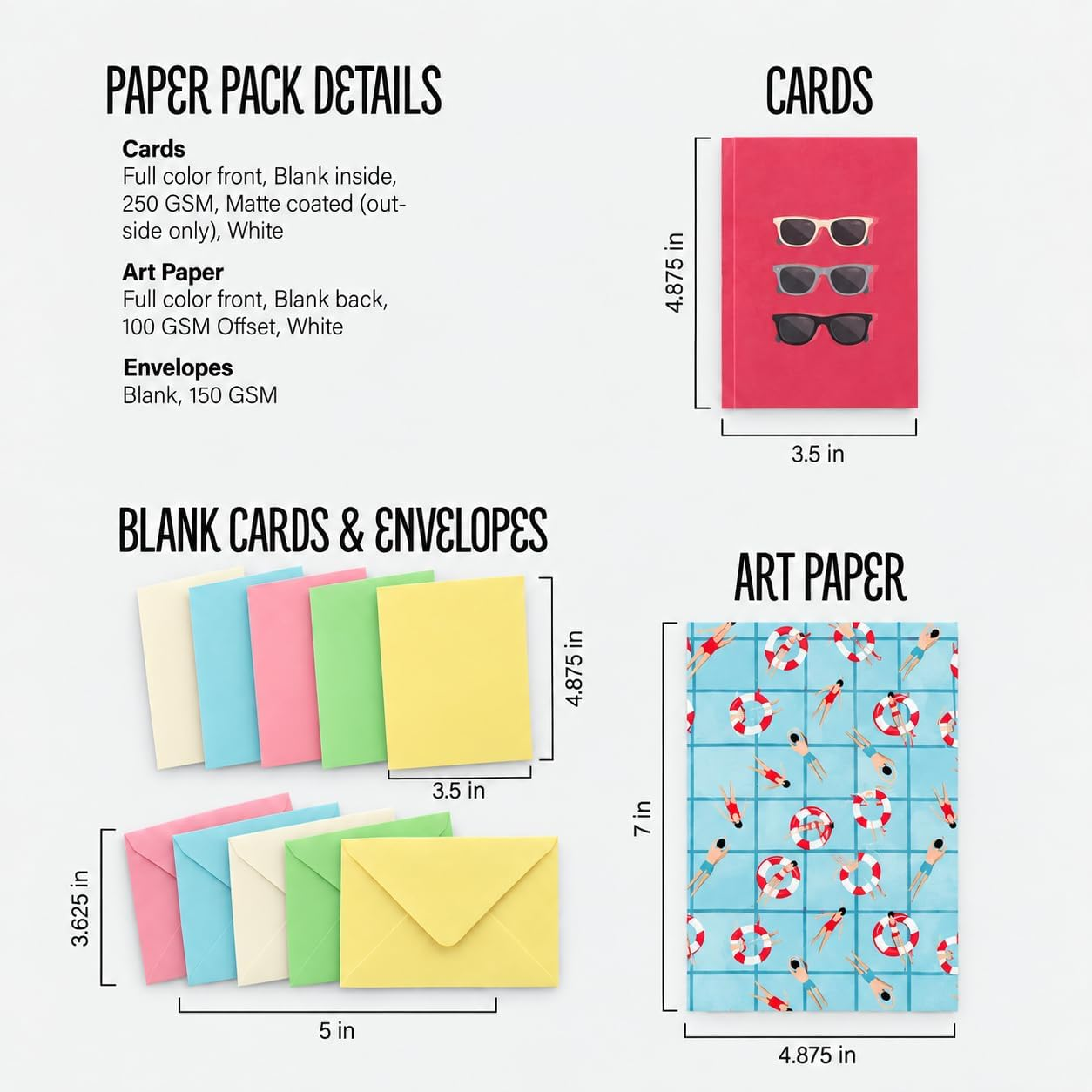 Vacation Paper Pack stationery details showing card, writing paper and envelope sizes