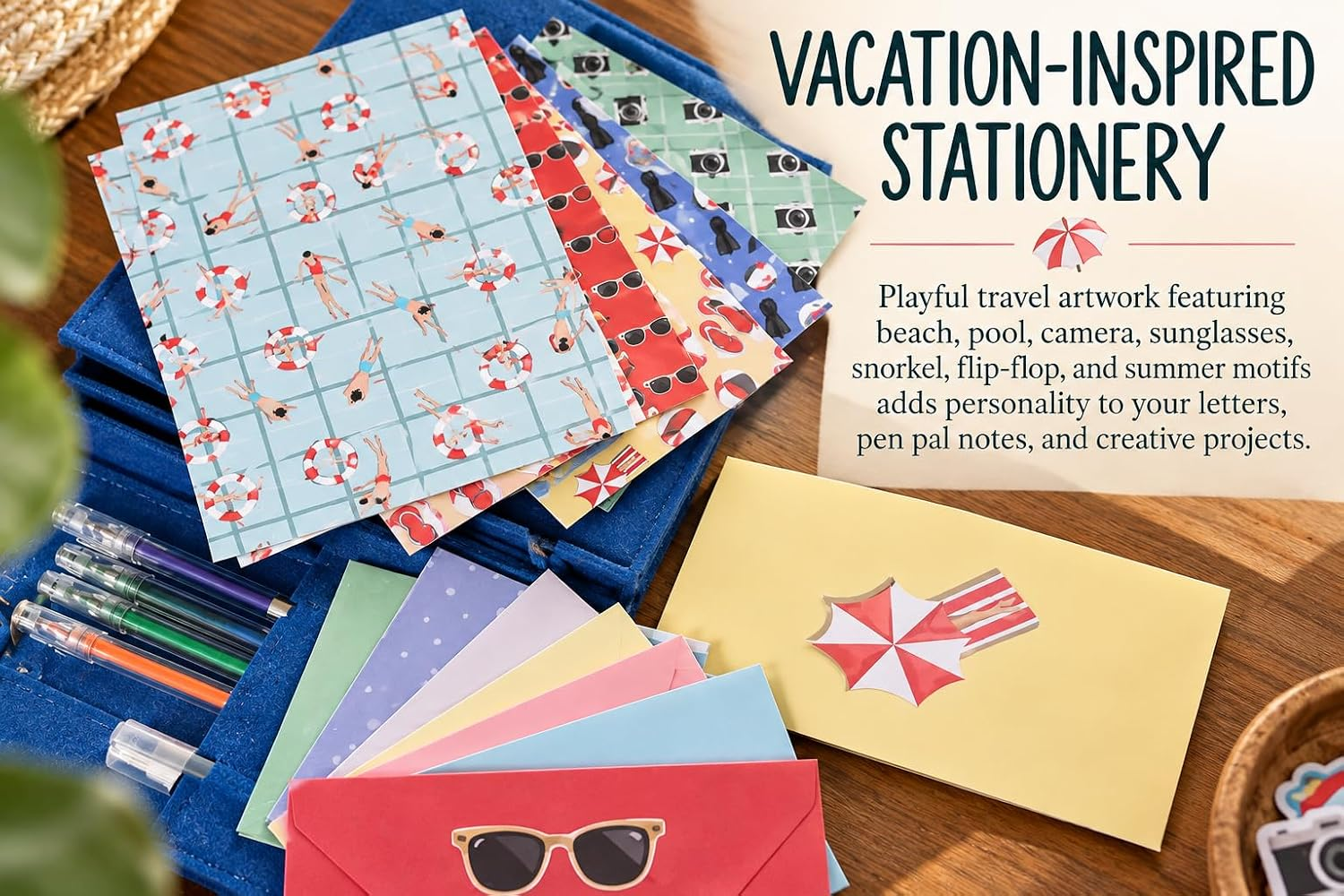 Vacation Paper Pack with beach, pool, camera, sunglasses and summer-themed stationery designs