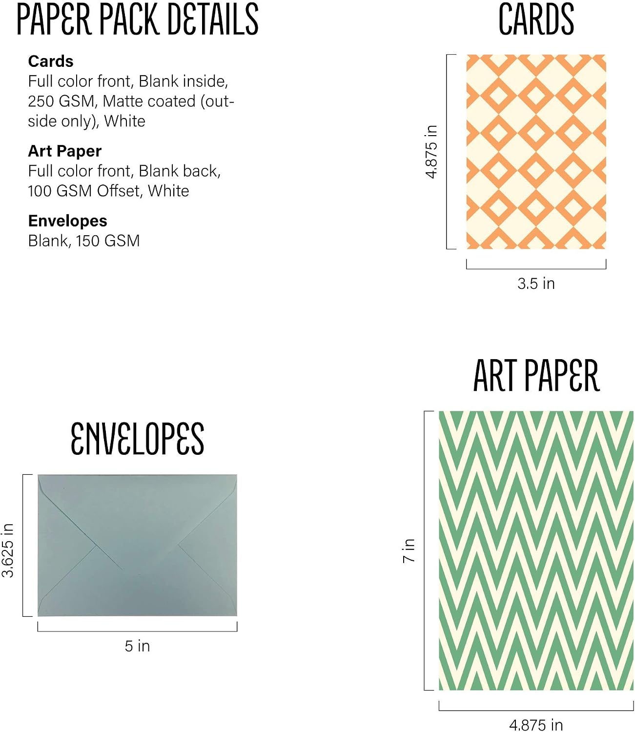 Vintage Marks Paper Pack stationery details showing patterned card, writing paper and envelope sizes