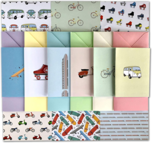 Wheels Paper Pack collection with bicycles, scooters, roller skates, skateboards, trains and vans