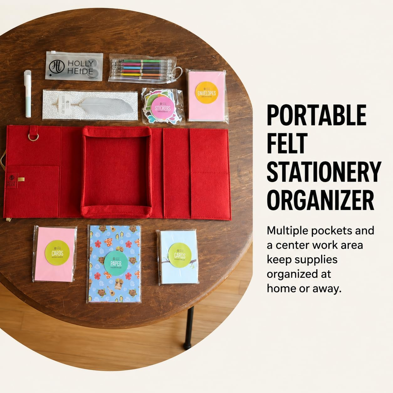 Cherry Red Mobile Writing Desk open with paper, gel pens, stickers, feather pen and craft scissors