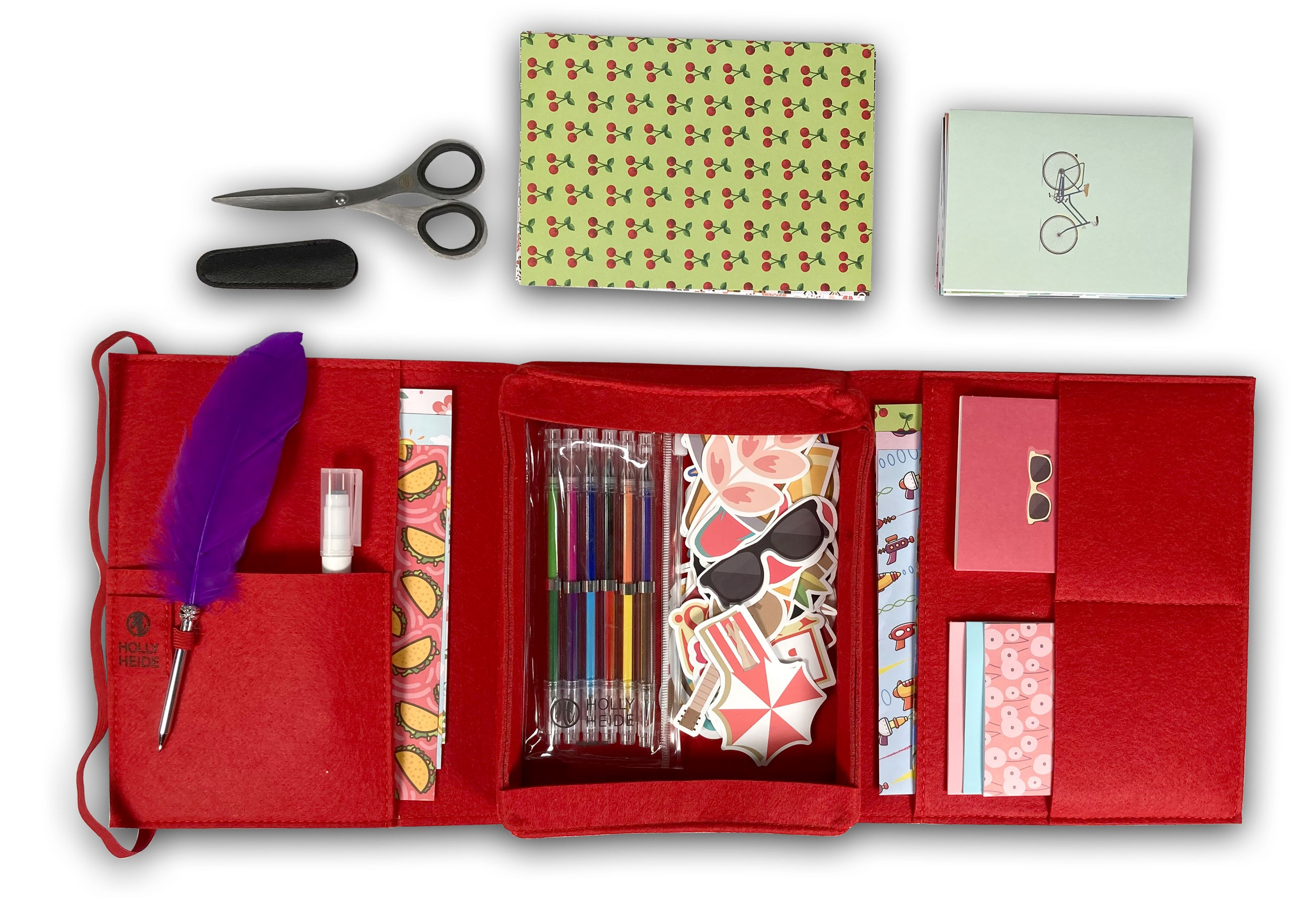 Cherry Red Mobile Writing Desk open with paper, gel pens, stickers, feather pen and craft scissors