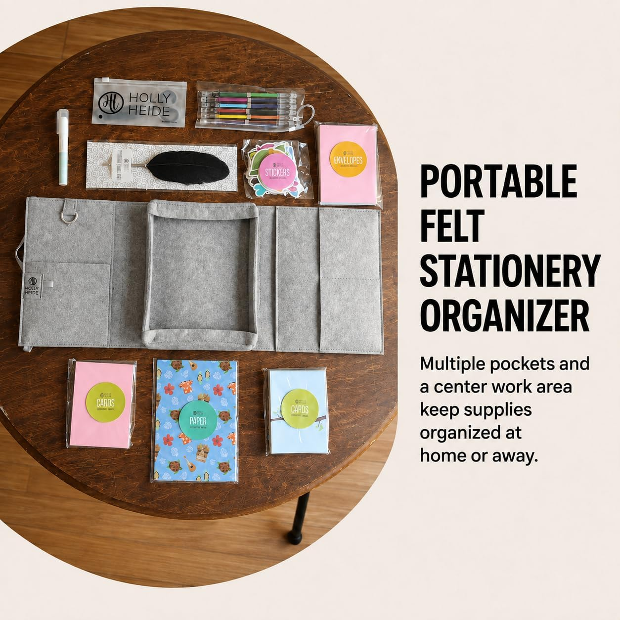 Light Gray Mobile Writing Desk open with paper, gel pens, stickers, feather pen and craft scissors