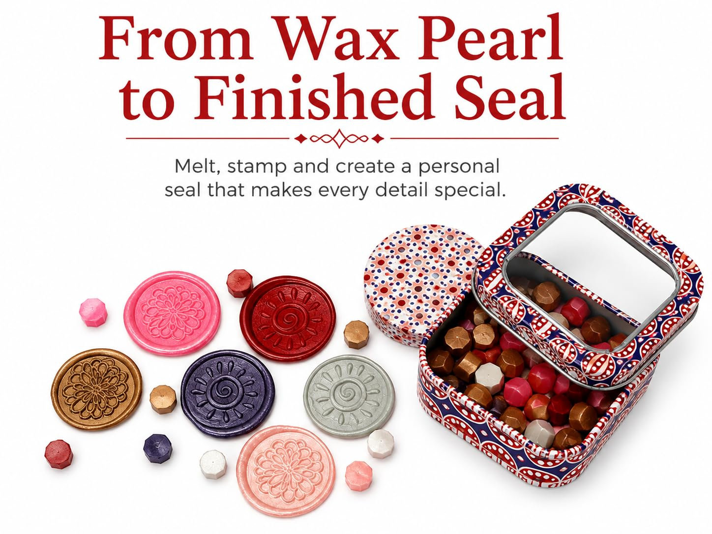 Finished pink, red, purple, bronze and silver decorative wax seals displayed alongside Berry Mix sealing wax pearls and storage tin.
