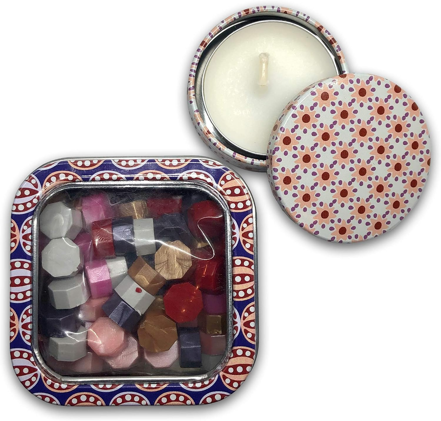 Close-up of Holly Heide Berry Mix octagonal wax pearls in a decorative storage tin beside a matching floral candle.