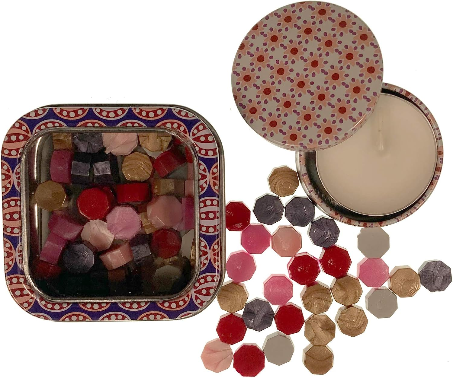 Berry Mix sealing wax pearls by Holly Heide in berry red, pink, plum, ivory and metallic tones with storage tin and coordinating candle.