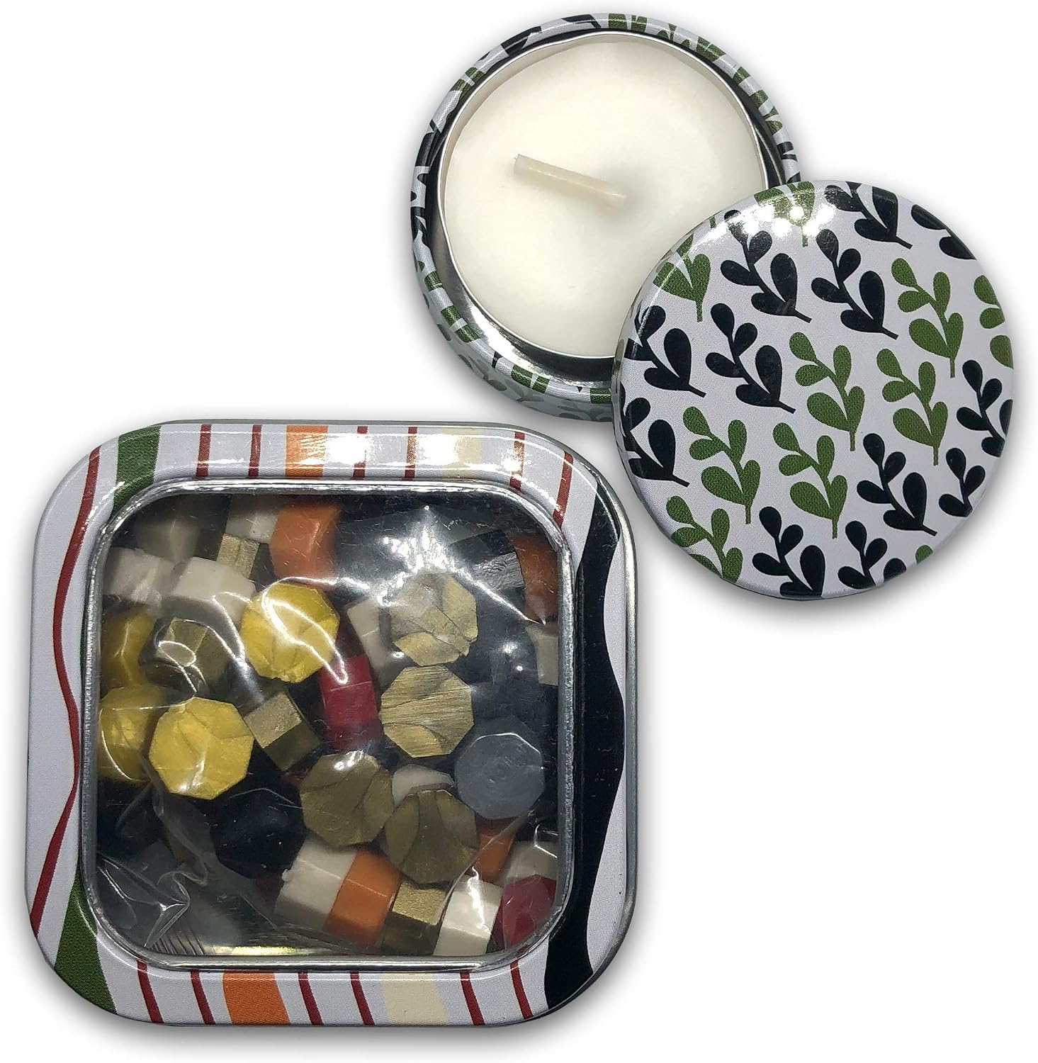 Close-up of Botanical Mix octagonal sealing wax pearls in a decorative storage tin beside a matching botanical candle tin.