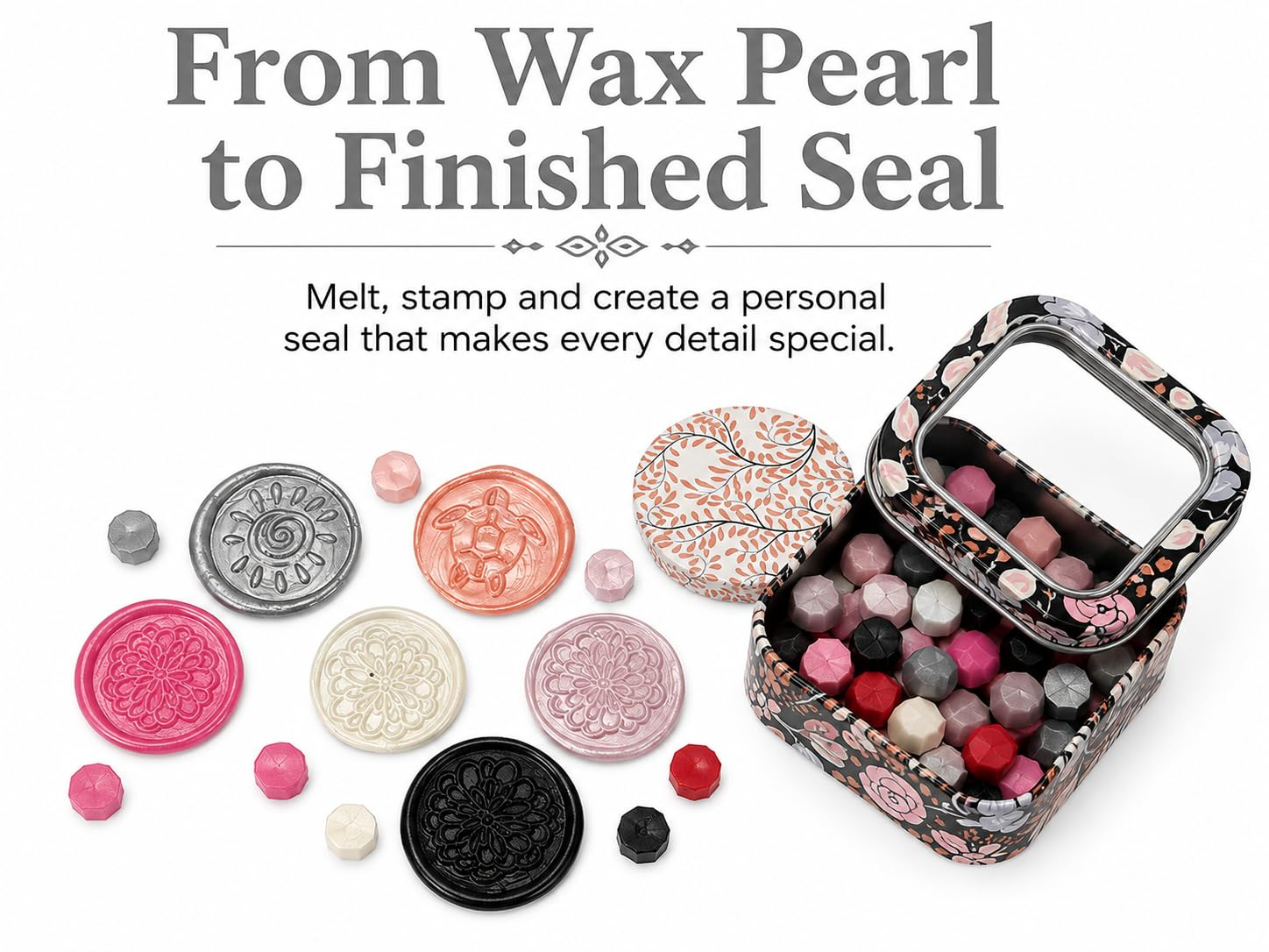 Finished decorative wax seals in pink, coral, silver, ivory and black displayed alongside Classic Mix wax pearls and floral storage tin.