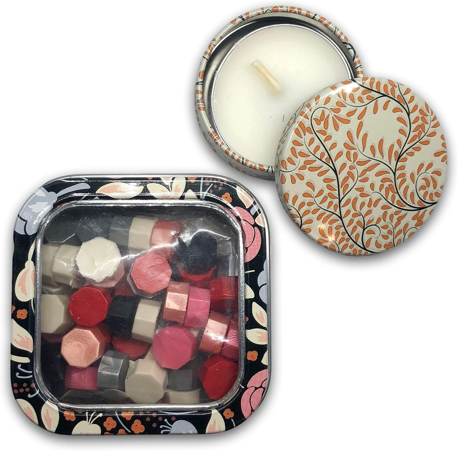 Close-up of Classic Mix octagonal sealing wax pearls in a floral storage tin beside a coordinating botanical-patterned candle.