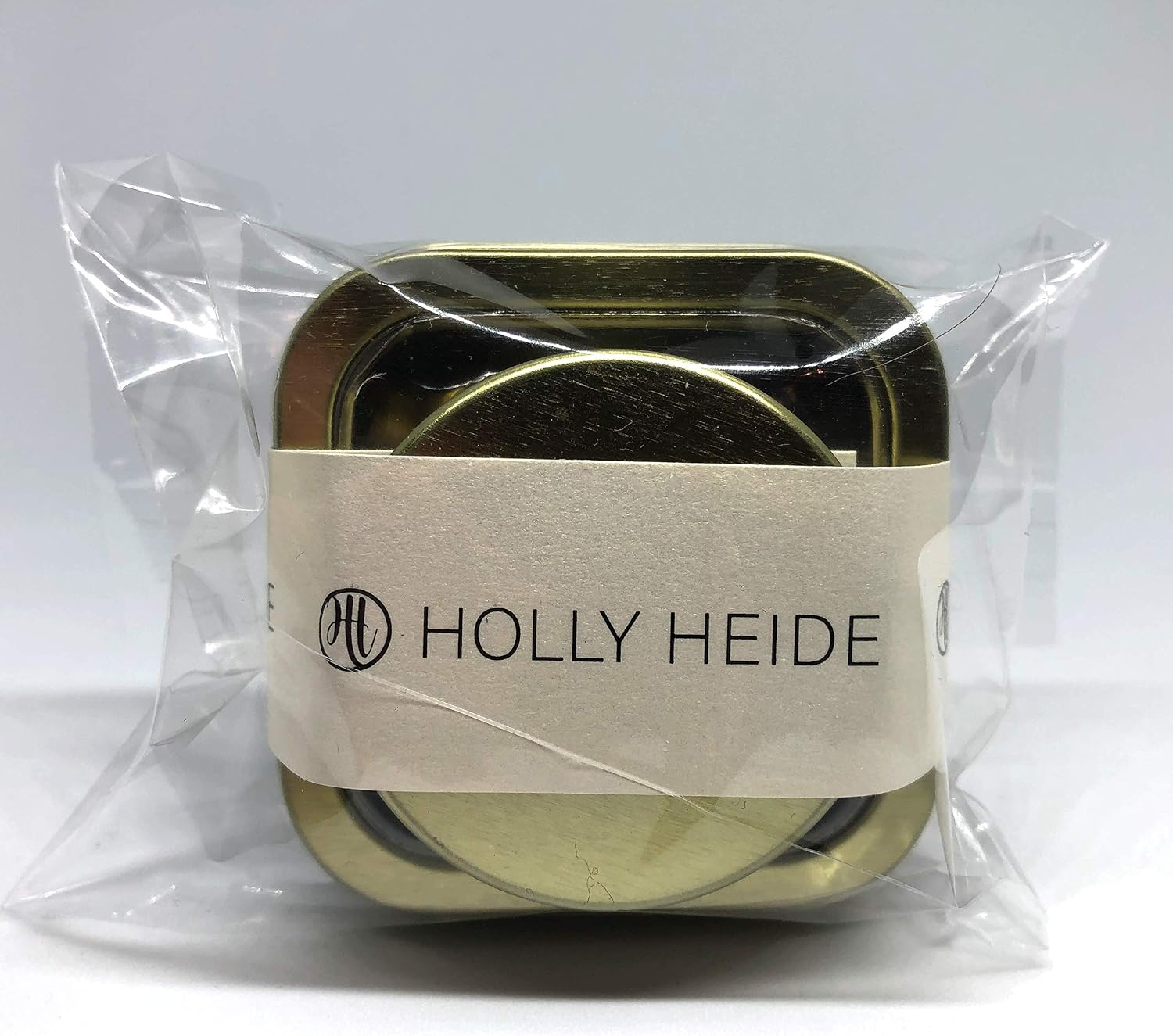Holly Heide Gold Mix sealing wax pearls and coordinating gold-tone candle tin in clear packaging with cream branded label.