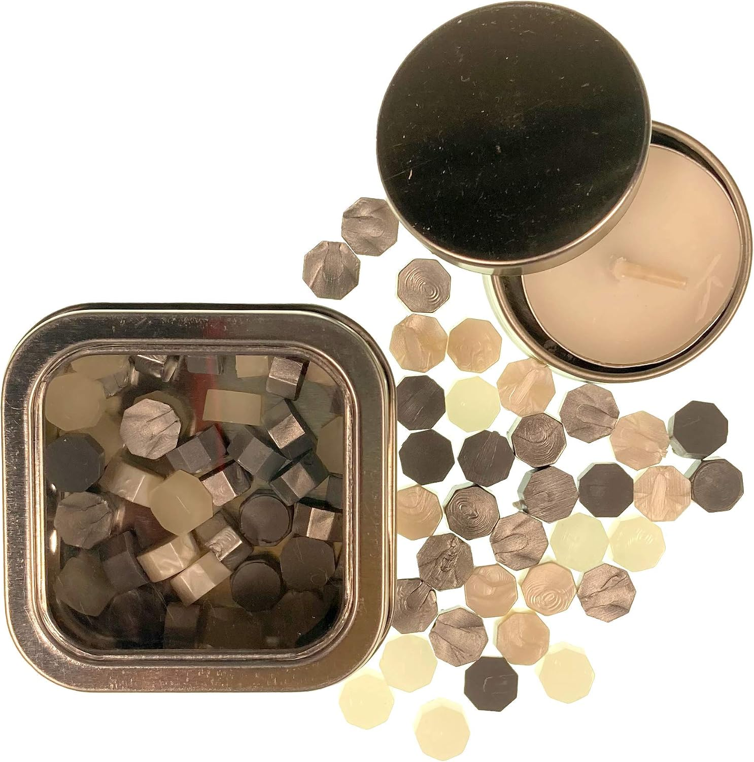 Gold Mix sealing wax pearls by Holly Heide in gold, bronze, ivory and metallic tones with reusable gold-tone storage tin and coordinating candle.