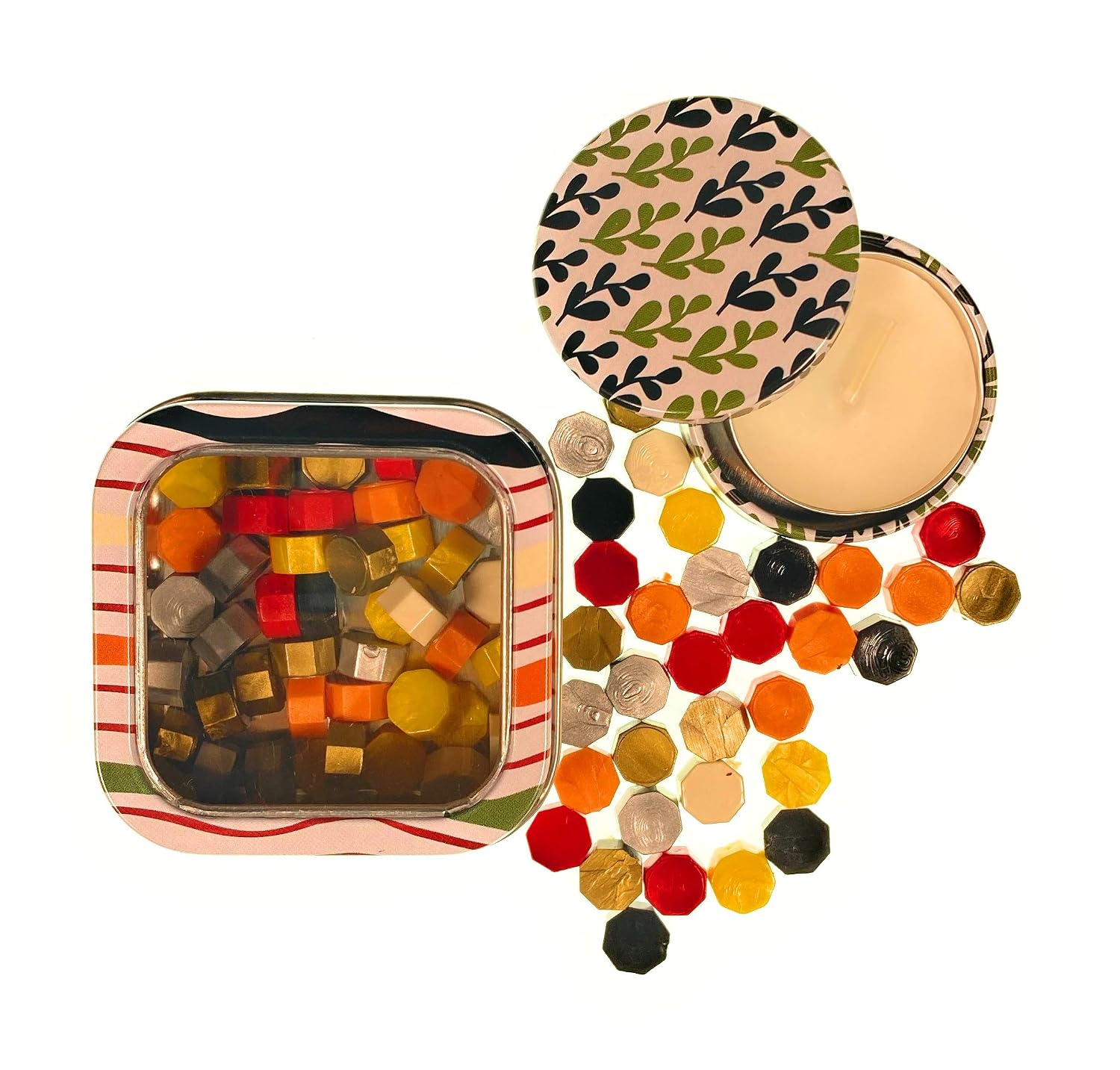Moss Green Wax Seal Kit wax pearls in a colorful striped tin alongside a coordinating botanical-patterned votive candle tin and loose sealing wax beads.