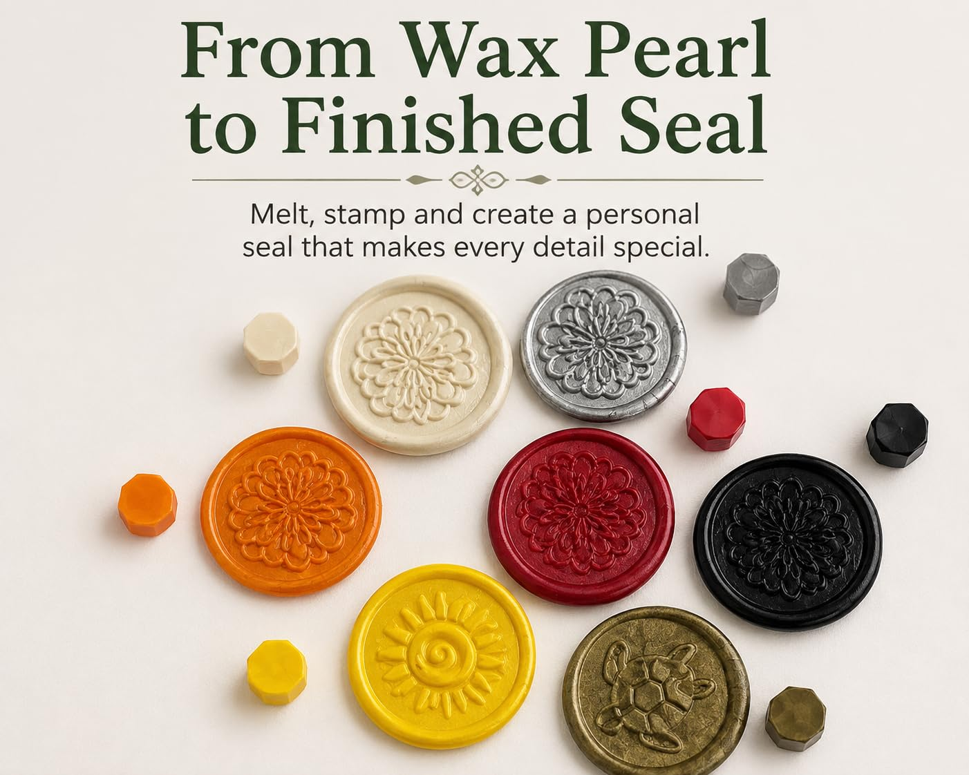 Colorful finished wax seals in flower, sun and turtle designs with red, orange, yellow, black and metallic sealing wax pearls.