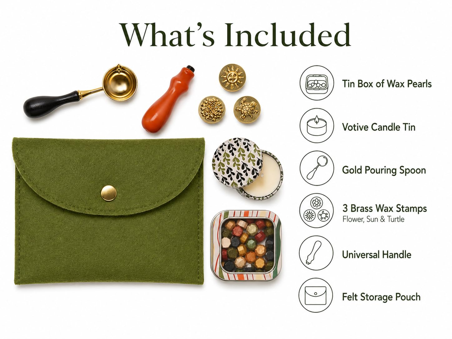 Moss Green Wax Seal Kit contents including green felt storage pouch, three brass stamps with Flower, Sun and Turtle designs, pouring spoon, wax pearls and candle tin.