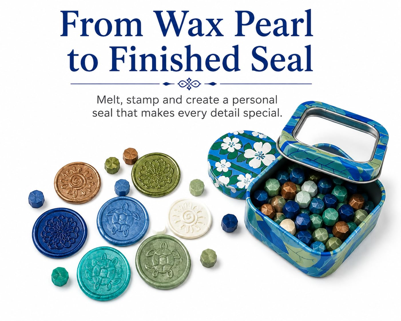 Ocean Blue wax pearl tin with blue, green and metallic sealing wax beside finished flower, sun and turtle wax seal impressions.