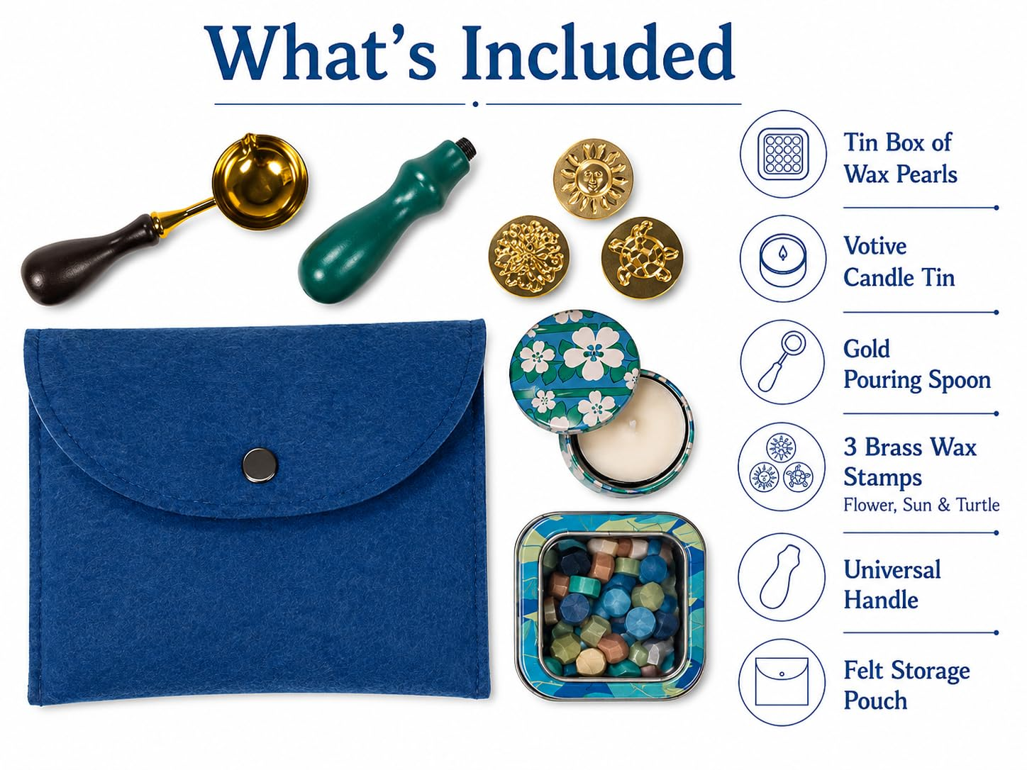 Ocean Blue wax seal kit contents including blue felt pouch, three brass stamps, handle, pouring spoon, colorful wax pearls and candle tin.