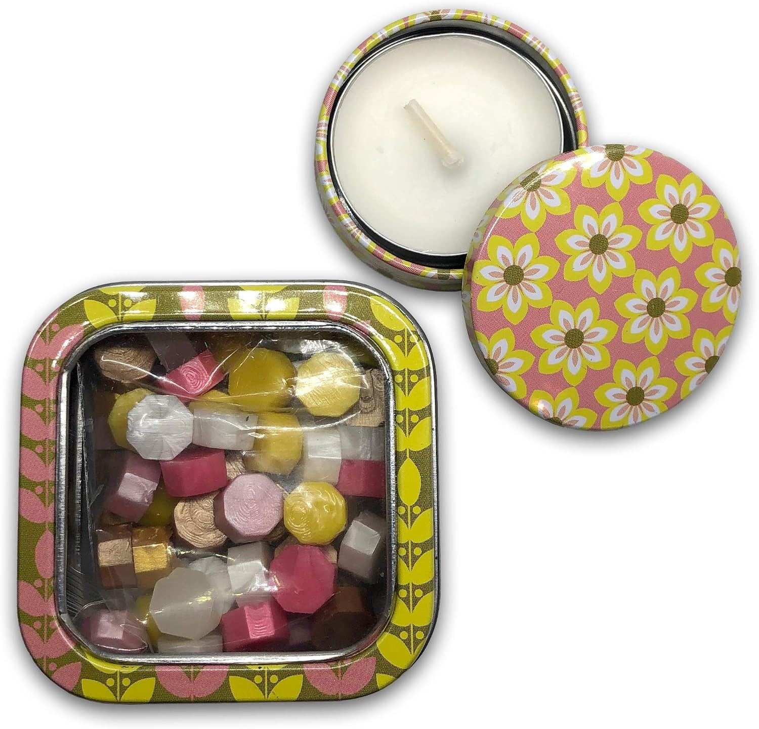 Close-up of Pink Mix colorful sealing wax pearls in a floral-patterned storage tin beside a coordinating candle tin.